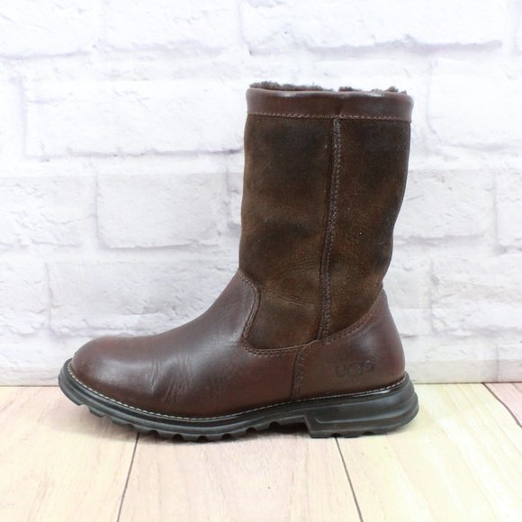 UGG Shoes - Ugg Brooks Brown Suede Leather Sheepskin Mid Calf Winter Boots Size US 5